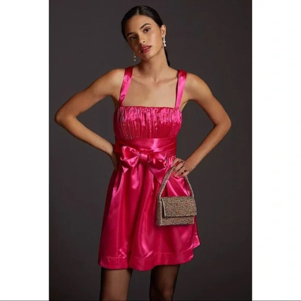 ANTHROPOLOGIE Maeve Bow-Tie Satin Mini Dress size 12 - Picture 1 of 7